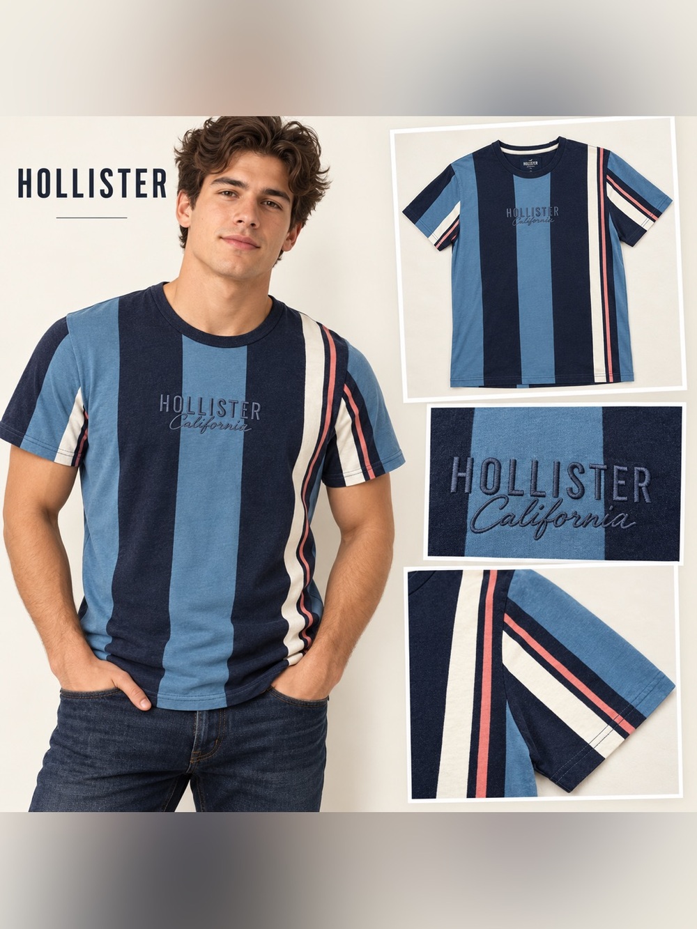 Hollister Men’s Blue Striped Crewneck T-Shirt